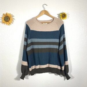 Umgee Striped LS Sweater with Blue, Gray, and Cream Stripes.
